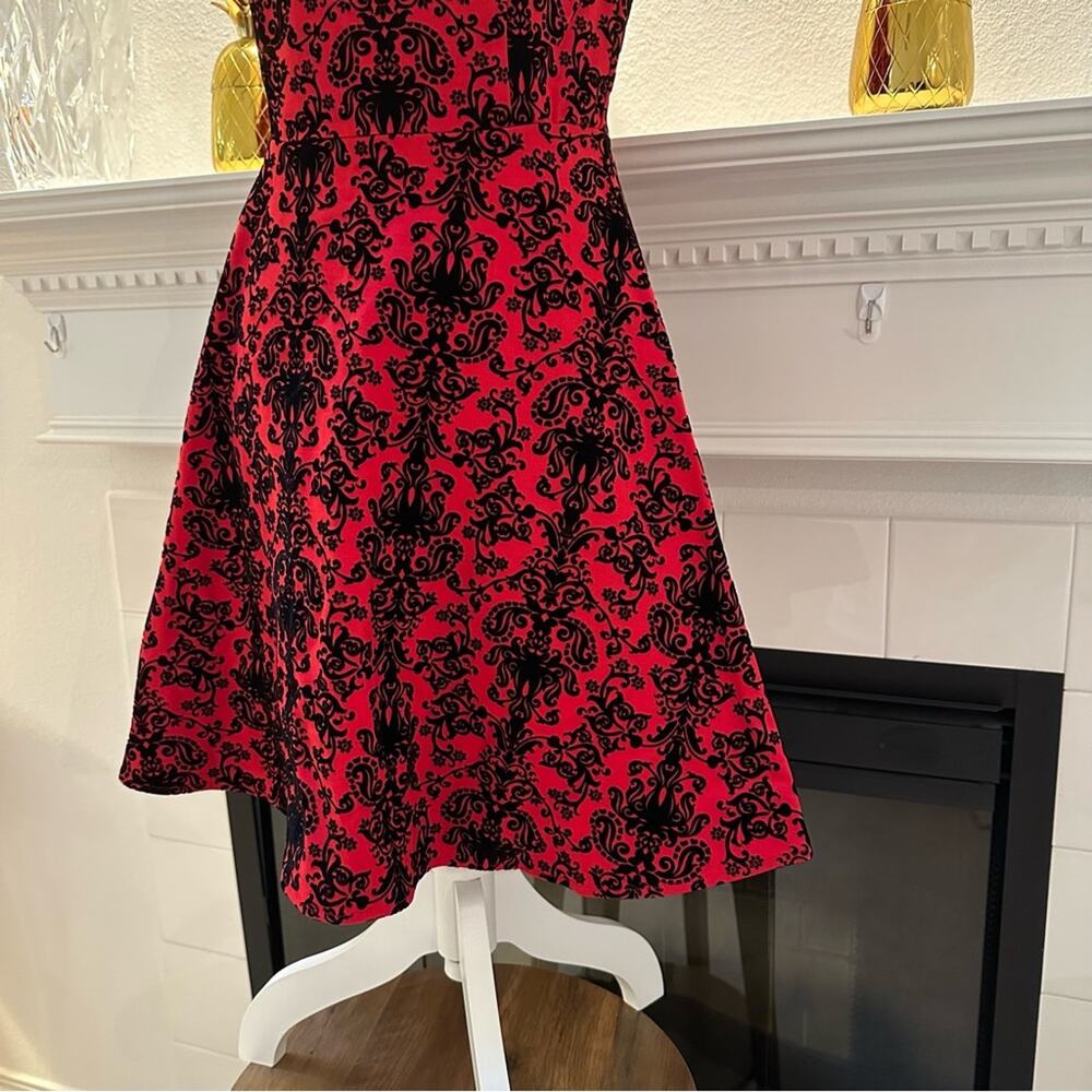 Skies are Blue fit and flare dress, red with black velvet brocade, XS - Picture 3 of 11